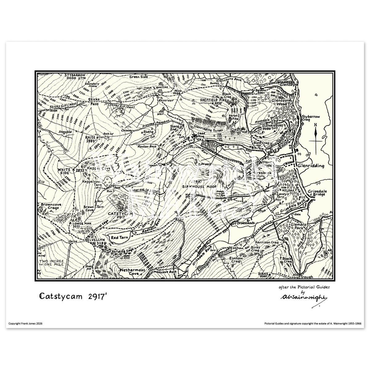 A vintage-style map poster of the Lakeland Fells based on sketches in Wainwright's Pictorial Guides.