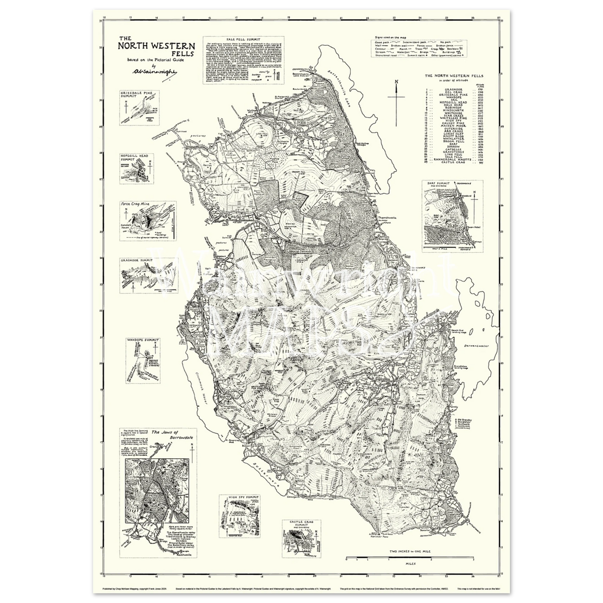 A vintage-style map poster of the Lakeland Fells based on sketches in Wainwright's Pictorial Guides.