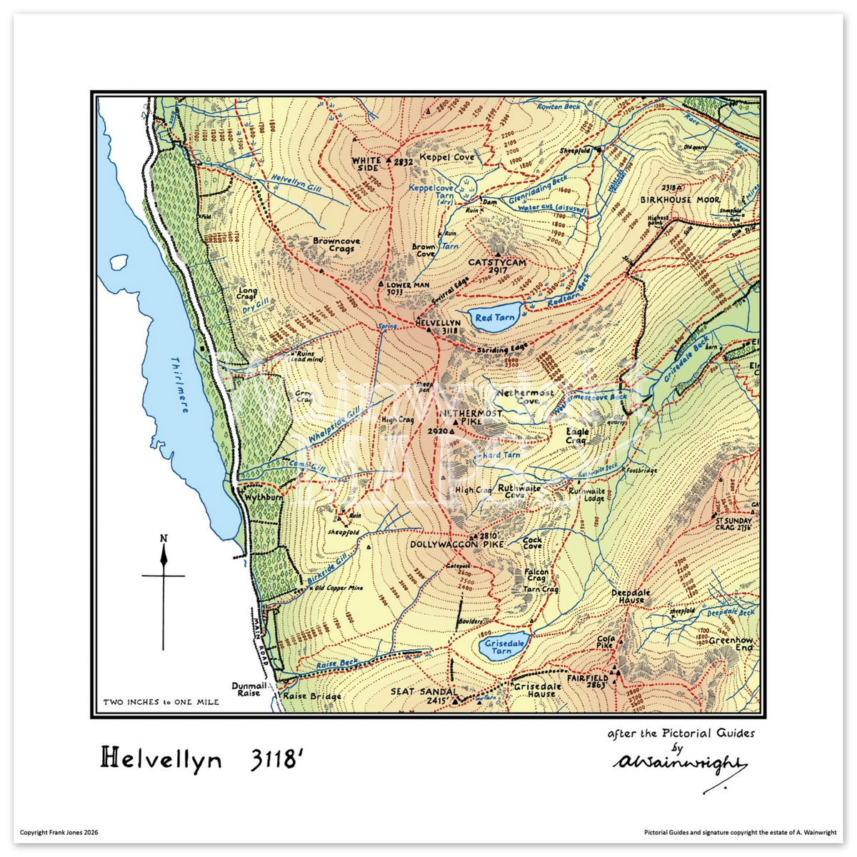 A vintage-style map poster of the Lakeland Fells based on sketches in Wainwright's Pictorial Guides.