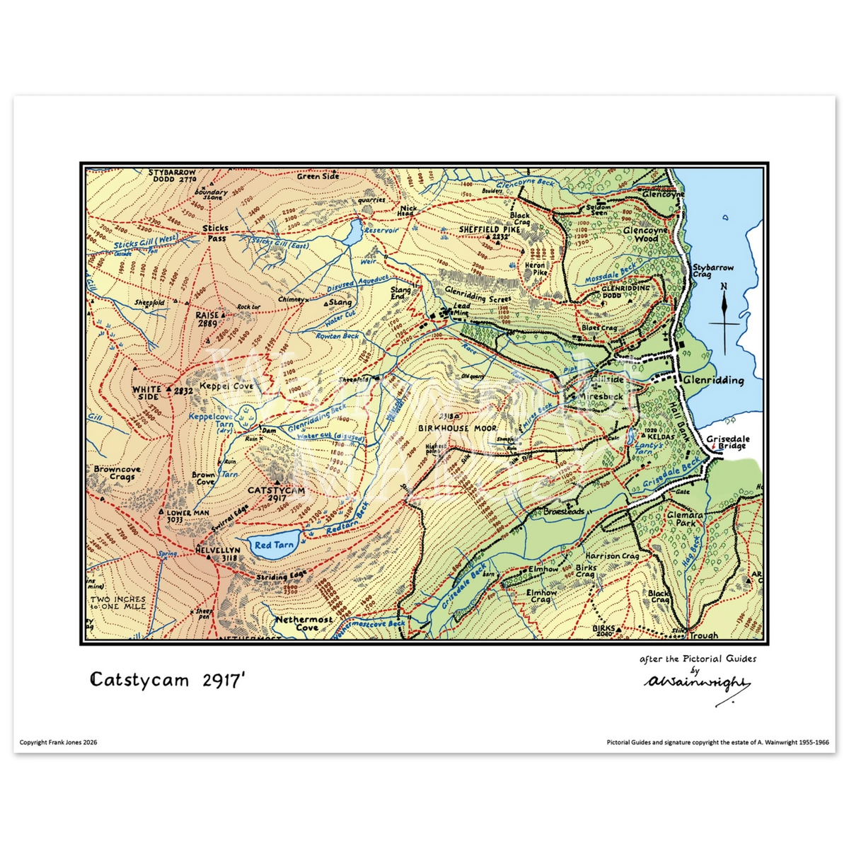 A vintage-style map poster of the Lakeland Fells based on sketches in Wainwright's Pictorial Guides.