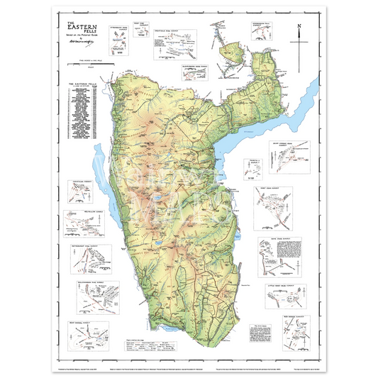 A vintage-style map poster of the Lakeland Fells based on sketches in Wainwright's Pictorial Guides.