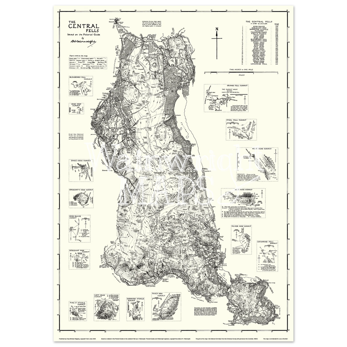 A vintage-style map poster of the Lakeland Fells based on sketches in Wainwright's Pictorial Guides.