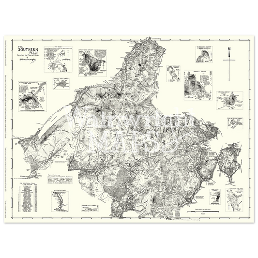 A vintage-style map poster of the Lakeland Fells based on sketches in Wainwright's Pictorial Guides.