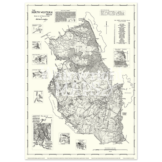 A vintage-style map poster of 'The North Western Falls' taken from the sketches in Wainwright's Pictorial Guides, printed in black ink on an aged cream paper background, featuring detailed cartographic illustrations and labels.