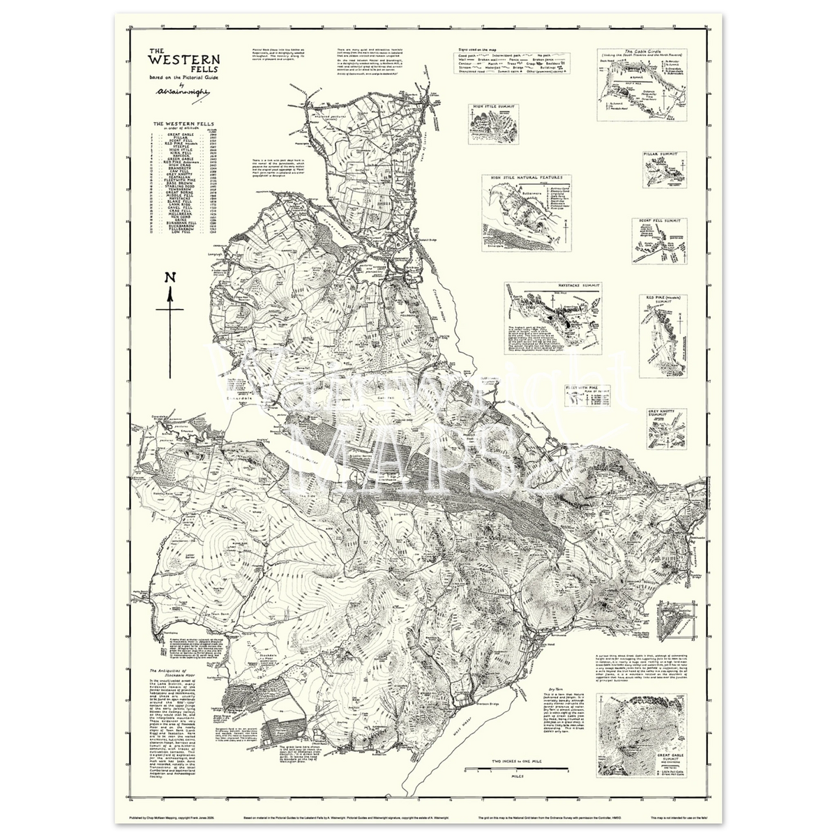 A vintage-style map poster of the Lakeland Fells based on sketches in Wainwright's Pictorial Guides.