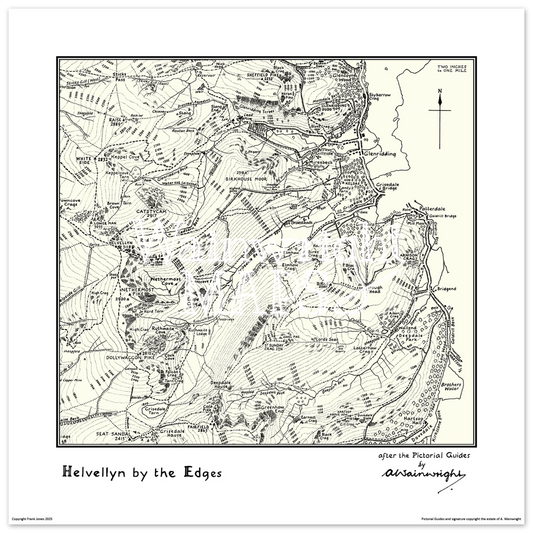 A vintage-style map poster of the Lakeland Fells based on sketches in Wainwright's Pictorial Guides.