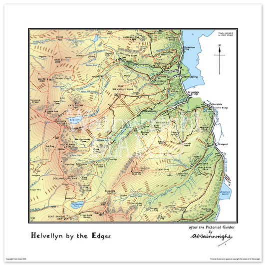 A vintage-style map poster of the Lakeland Fells based on sketches in Wainwright's Pictorial Guides.