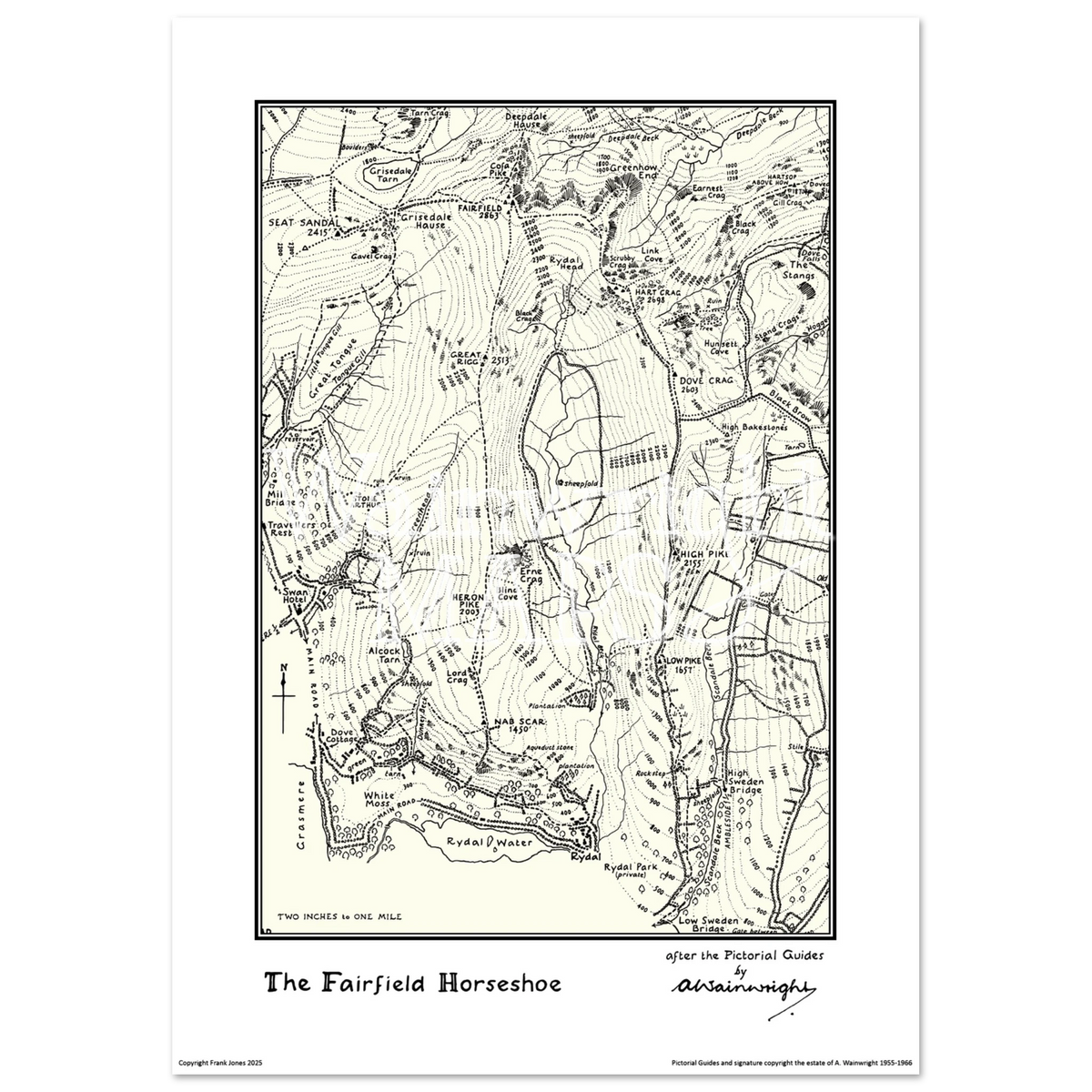 A vintage-style map poster of the Lakeland Fells based on sketches in Wainwright's Pictorial Guides.