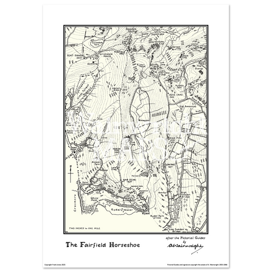 A vintage-style map poster of the Lakeland Fells based on sketches in Wainwright's Pictorial Guides.