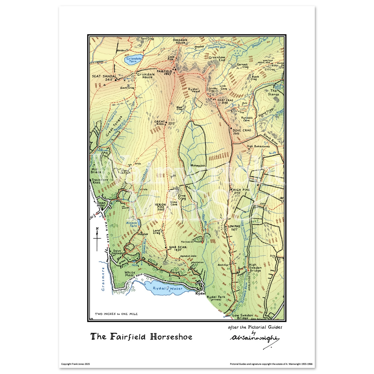 A vintage-style map poster of the Lakeland Fells based on sketches in Wainwright's Pictorial Guides.