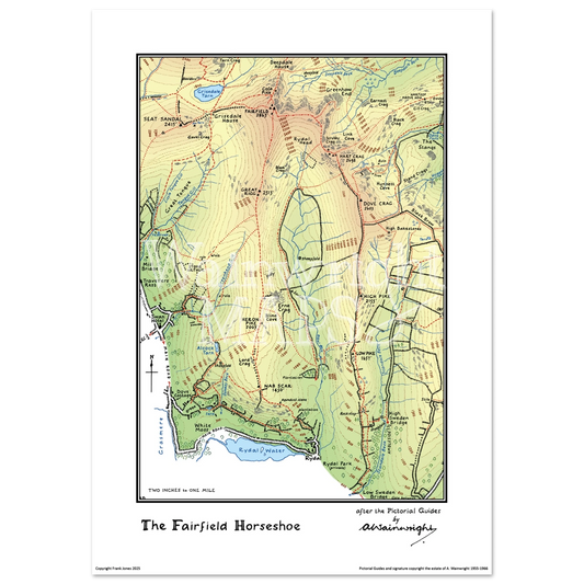 A vintage-style map poster of the Lakeland Fells based on sketches in Wainwright's Pictorial Guides.