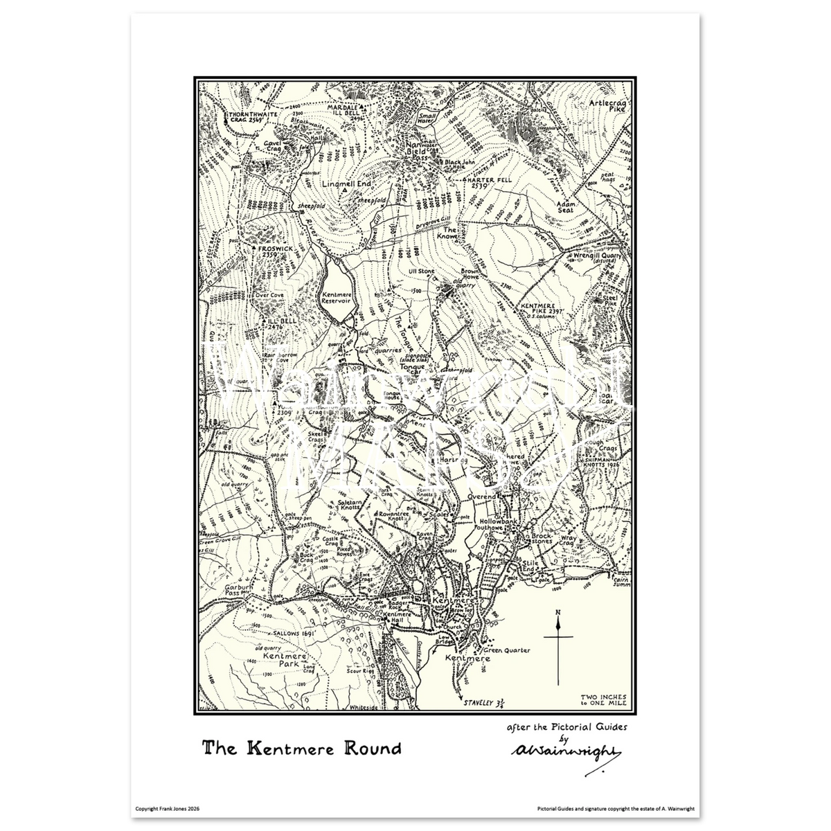A vintage-style map poster of the Lakeland Fells based on sketches in Wainwright's Pictorial Guides.