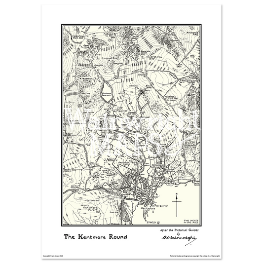 A vintage-style map poster of the Lakeland Fells based on sketches in Wainwright's Pictorial Guides.